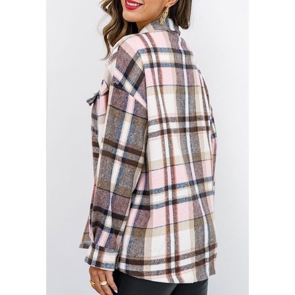 Plaid Flannel Shacket Shirt Jacket Pink Tan Gray - Picture 4 of 12